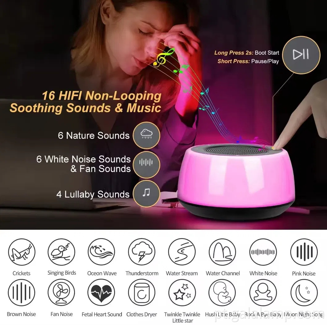 Monitor de sono de ruído, música embutida, luz noturna cronometrada, máquina de ruído
